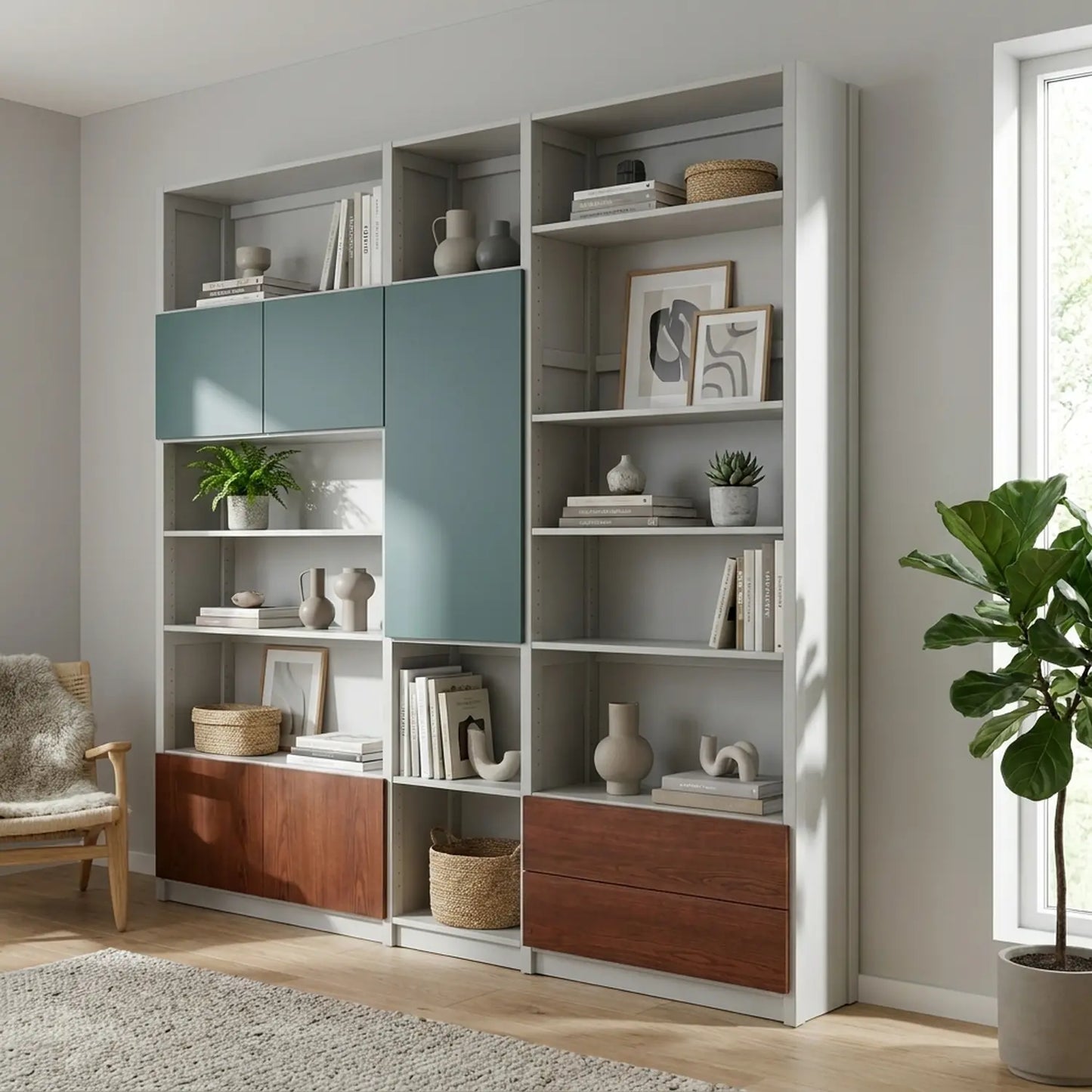 Bücherregal mit verspielter Türaufteilung und Schubladen | Lundia Original | Nebelgrau, Tannengrün & Castagne, sfeerbeeld woonkamer styling