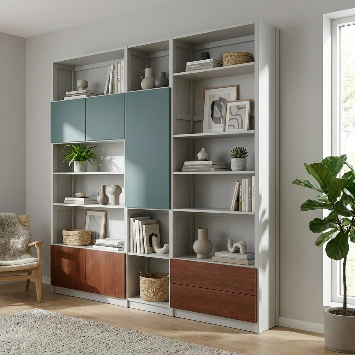 Bücherregal mit verspielter Türaufteilung und Schubladen | Lundia Original | Nebelgrau, Tannengrün & Castagne, sfeerbeeld woonkamer styling