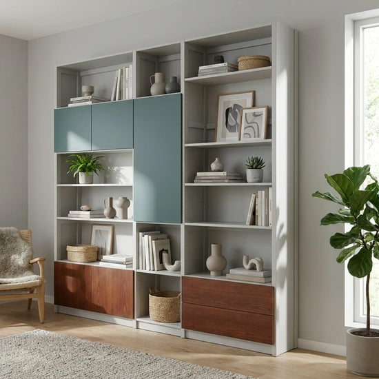 Bücherregal mit verspielter Türaufteilung und Schubladen | Lundia Original | Nebelgrau, Tannengrün & Castagne, sfeerbeeld woonkamer styling