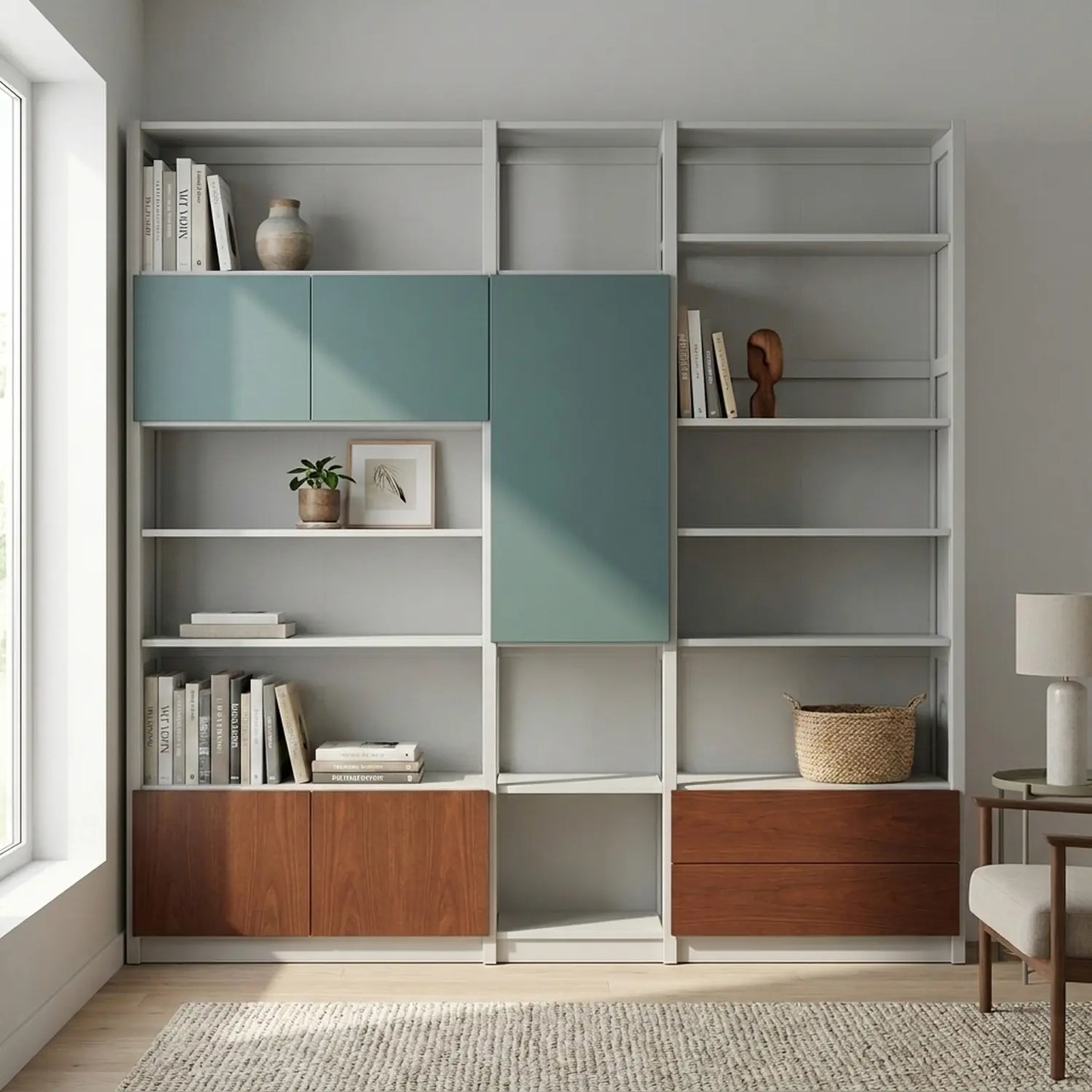 Bücherregal mit verspielter Türaufteilung und Schubladen | Lundia Original | Nebelgrau, Tannengrün & Castagne, sfeerbeeld woonkamer