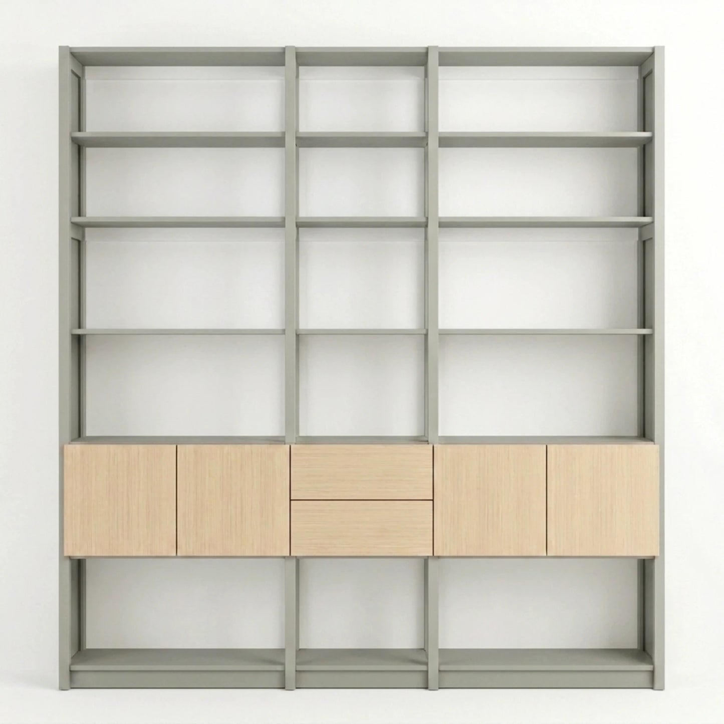 Bücherwandschrank mit Türen und Schubladen | Lundia Original | Nebelgrau, Weiß, Klar lackiert, vooraanzicht