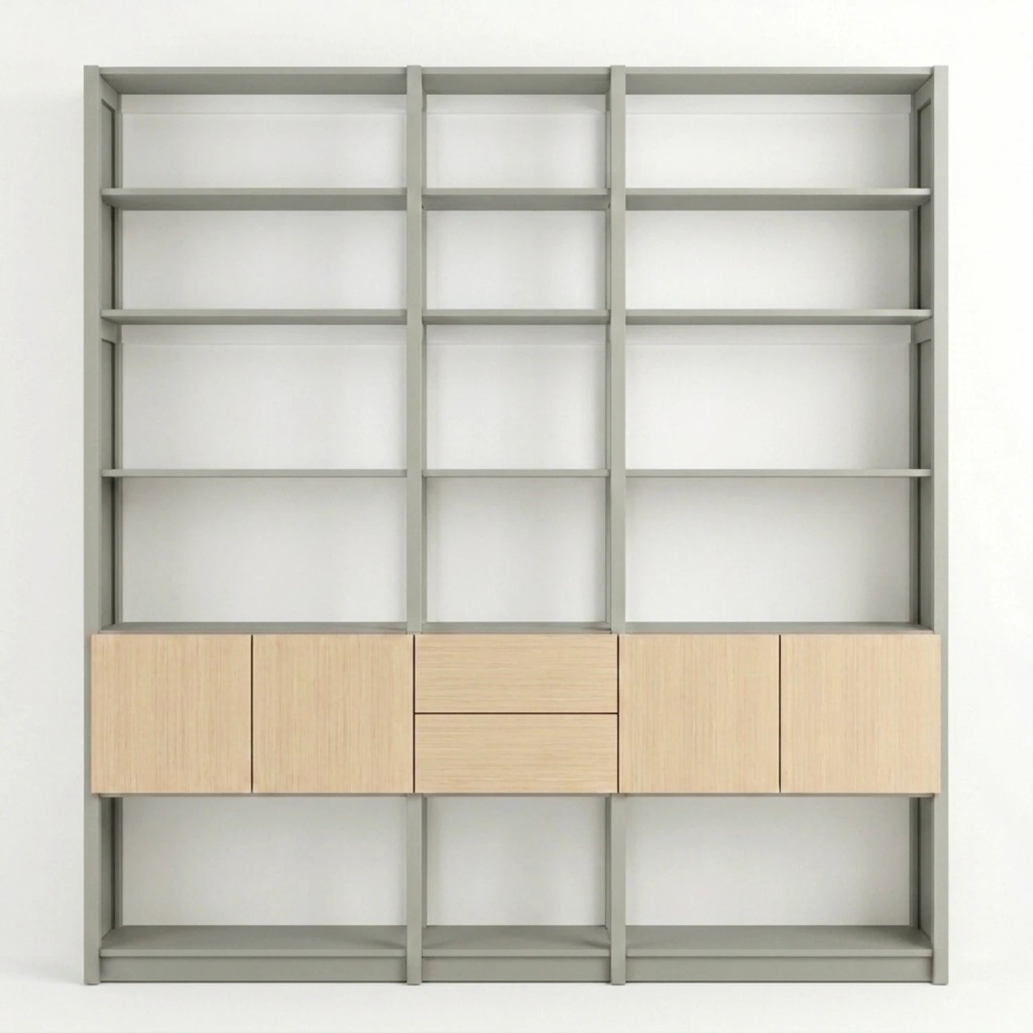 Bücherwandschrank mit Türen und Schubladen | Lundia Original | Nebelgrau, Weiß, Klar lackiert, vooraanzicht