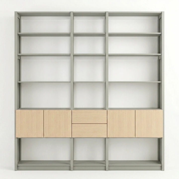 Bücherwandschrank mit Türen und Schubladen | Lundia Original | Nebelgrau, Weiß, Klar lackiert, vooraanzicht