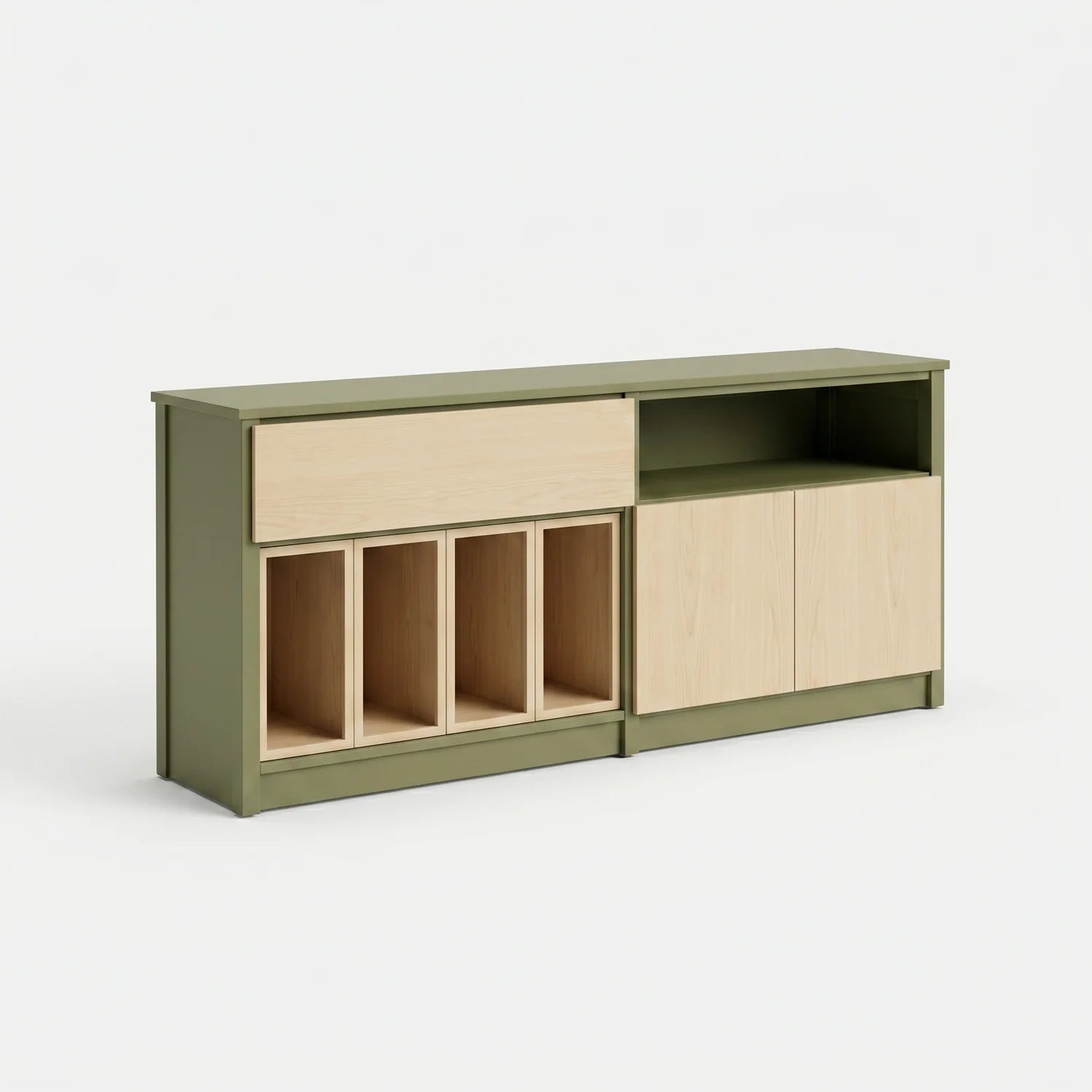 LP-Schrank mit Türen und Schubladen | Lundia Original | Olivgrün & farblos lackiert, perspectief
