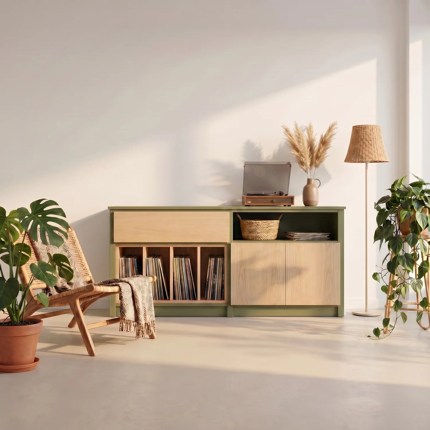 LP-Schrank mit Türen und Schubladen | Lundia Original | Olivgrün & farblos lackiert, sfeerbeeld perspectief