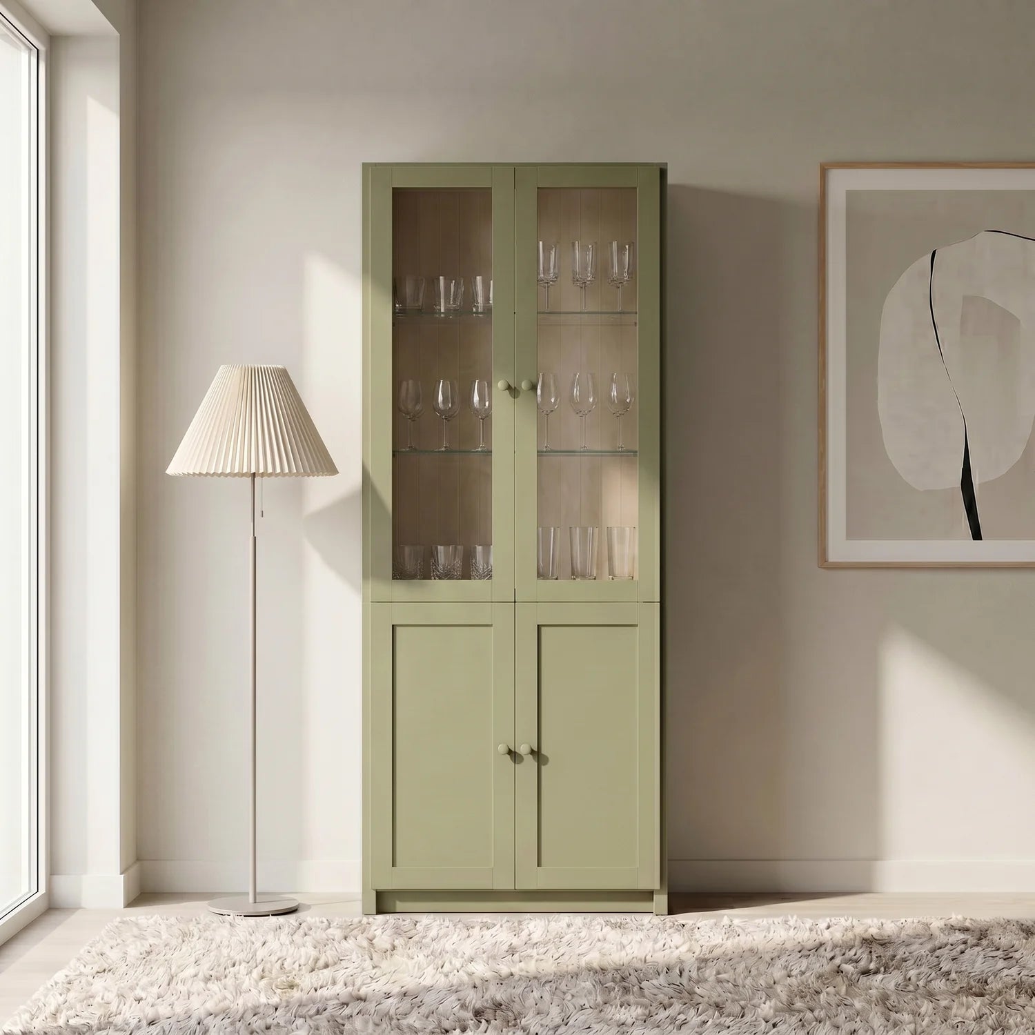 Vitrine schmal | Lundia Original | Olivgrün & Vanille, sfeerbeeld vooraanzicht