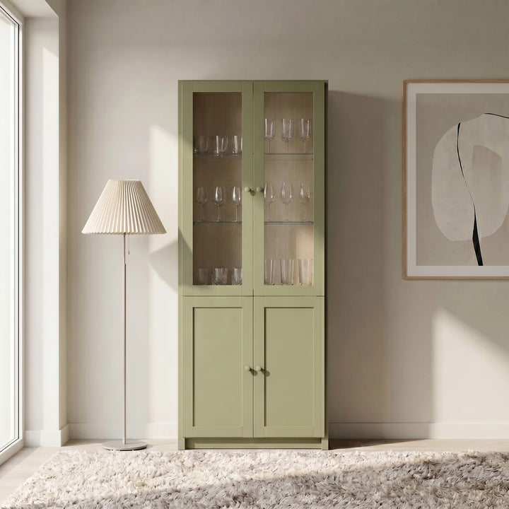 Vitrine schmal | Lundia Original | Olivgrün & Vanille, sfeerbeeld vooraanzicht