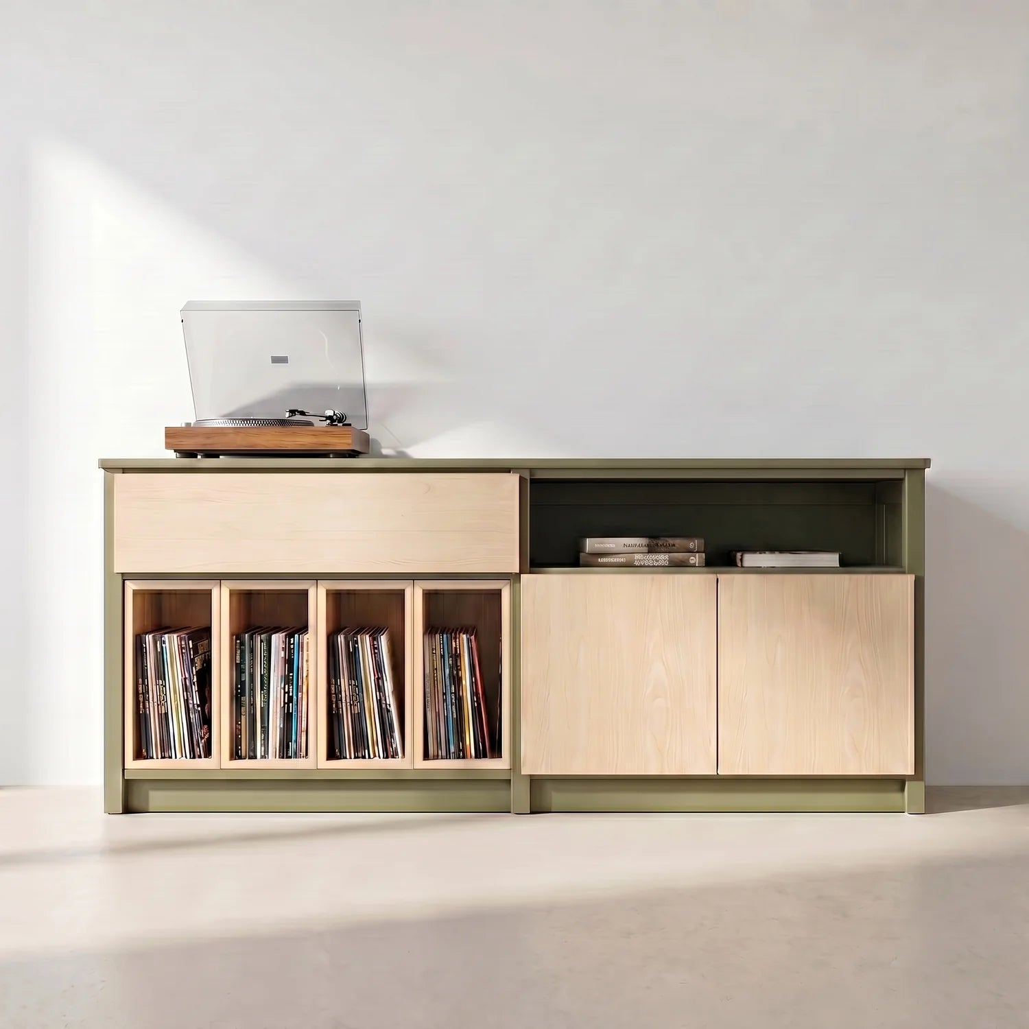LP-Schrank mit Türen und Schubladen | Lundia Original | Olivgrün & farblos lackiert, sfeerbeeld vooraanzicht