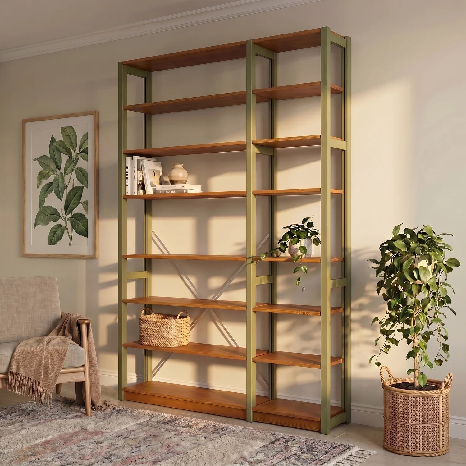 Bücherregal mit Diagonale | Lundia Original | Olivgrün & Arrosto, sfeerbeeld vooraanzicht