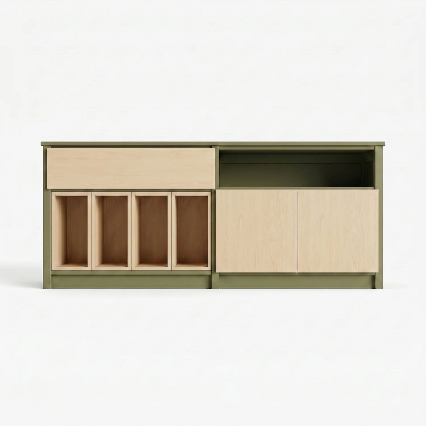 LP-Schrank mit Türen und Schubladen | Lundia Original | Olivgrün & farblos lackiert, vooraanzicht