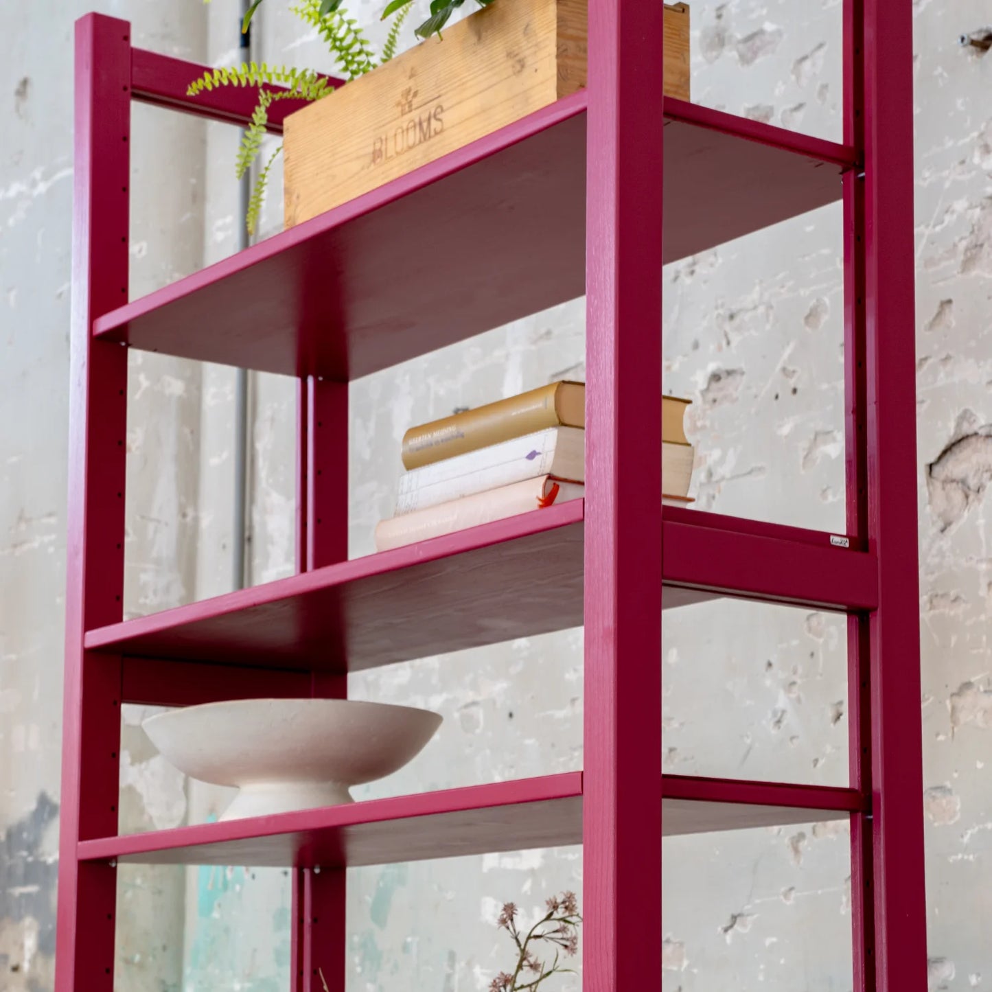 Bücherregal | Lundia Original | Bordeaux red Massivholz mit Büchern, Pflanze und Schale