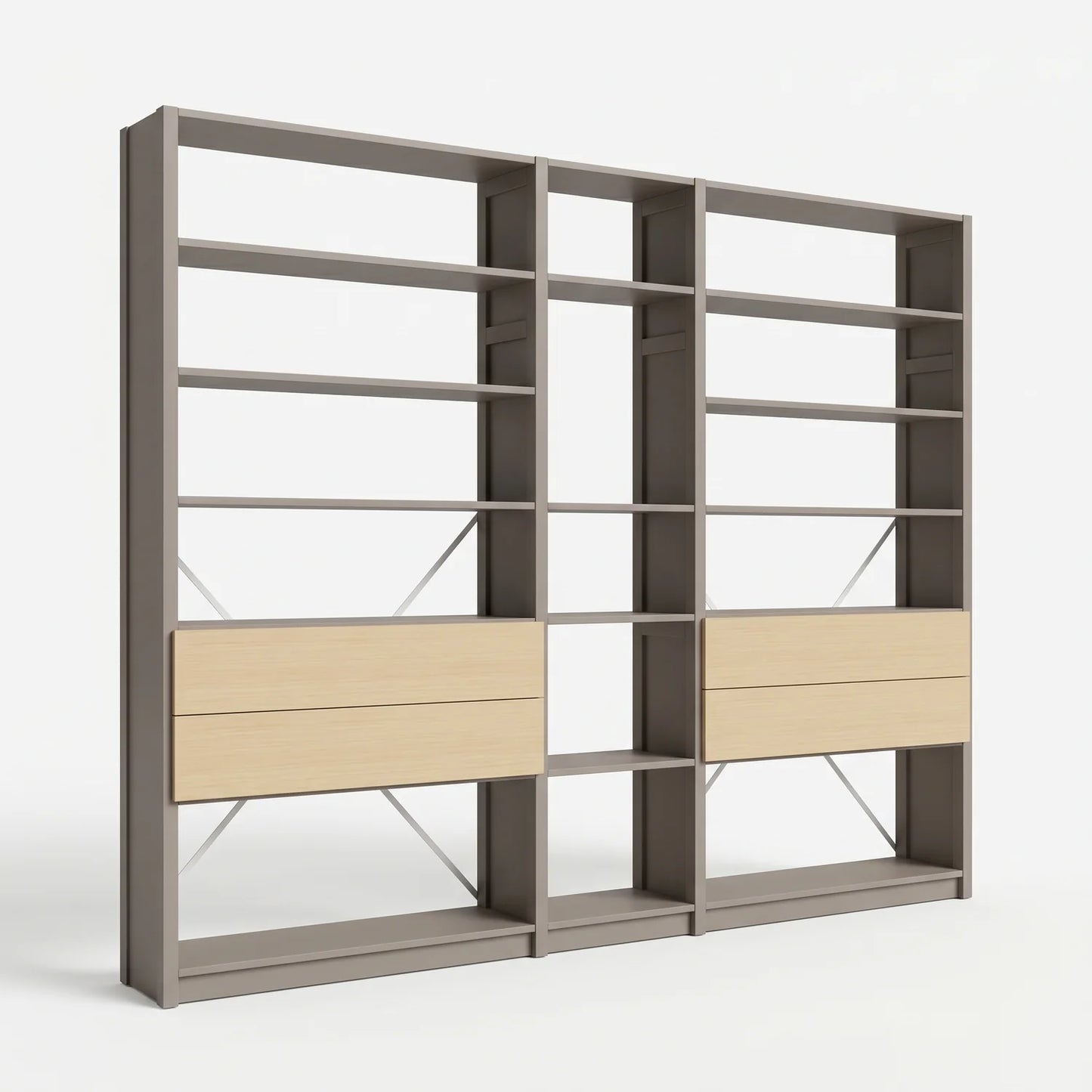 Offenes Bücherregal mit Schubladen | Lundia Original | Steingrau & farblos lackiert, perspectief