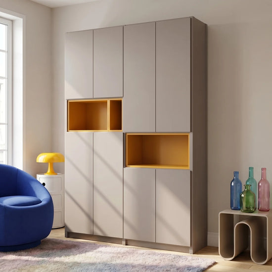 Wandschrank mit offenen Fächern | Lundia Original | Steingrau & Safrangelb Holz, sfeerbeeld perspectief