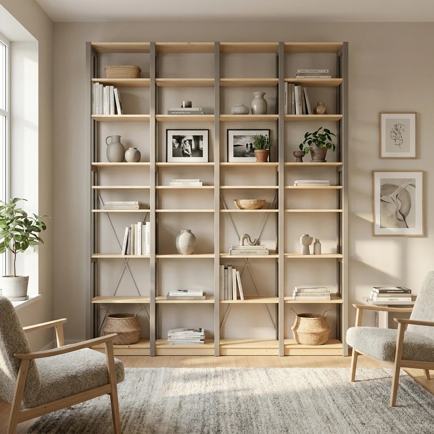 Skandinavisches Bücherregal | Lundia Original | Steingrau & farblos lackiert, sfeerbeeld vooraanzicht