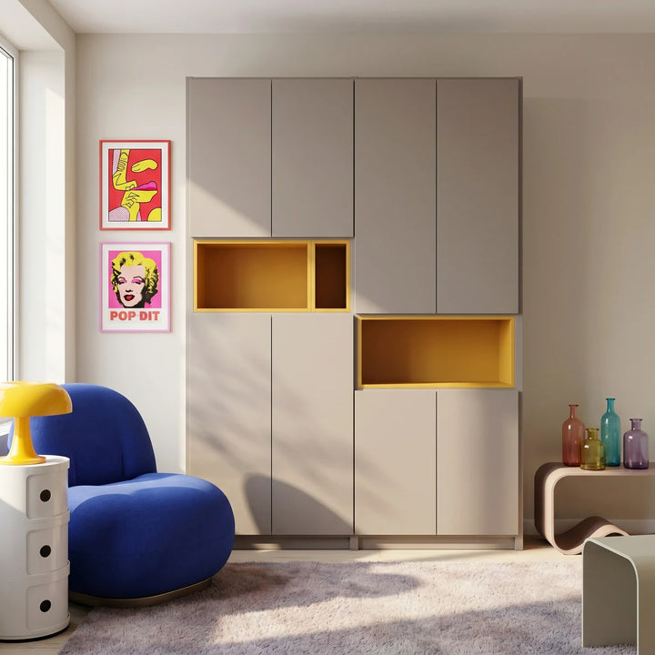 Wandschrank mit offenen Fächern | Lundia Original | Steingrau & Safrangelb Holz, sfeerbeeld vooraanzicht
