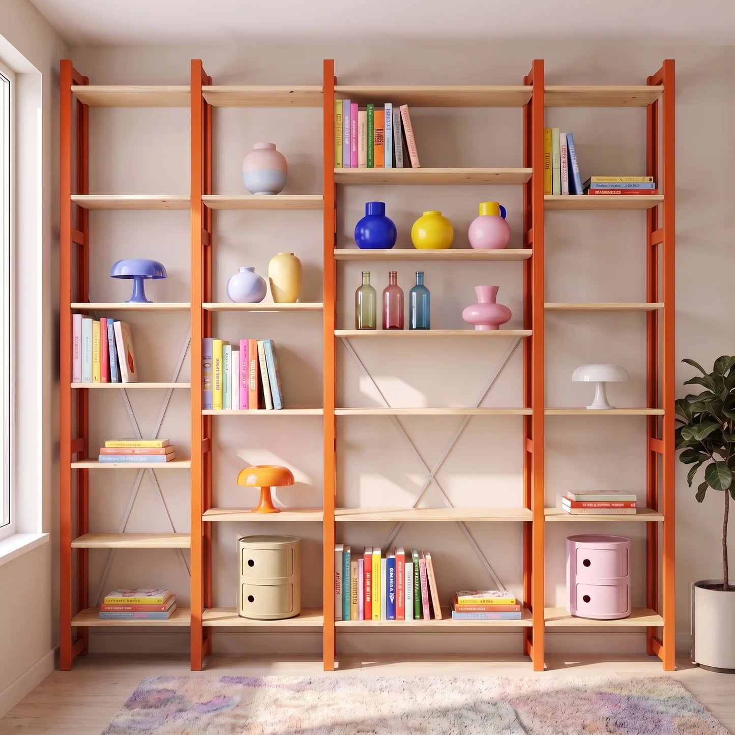 Offenes Bücherregal | Lundia Original | Feuerorange & Farblos lackiert, sfeerbeeld perspectief