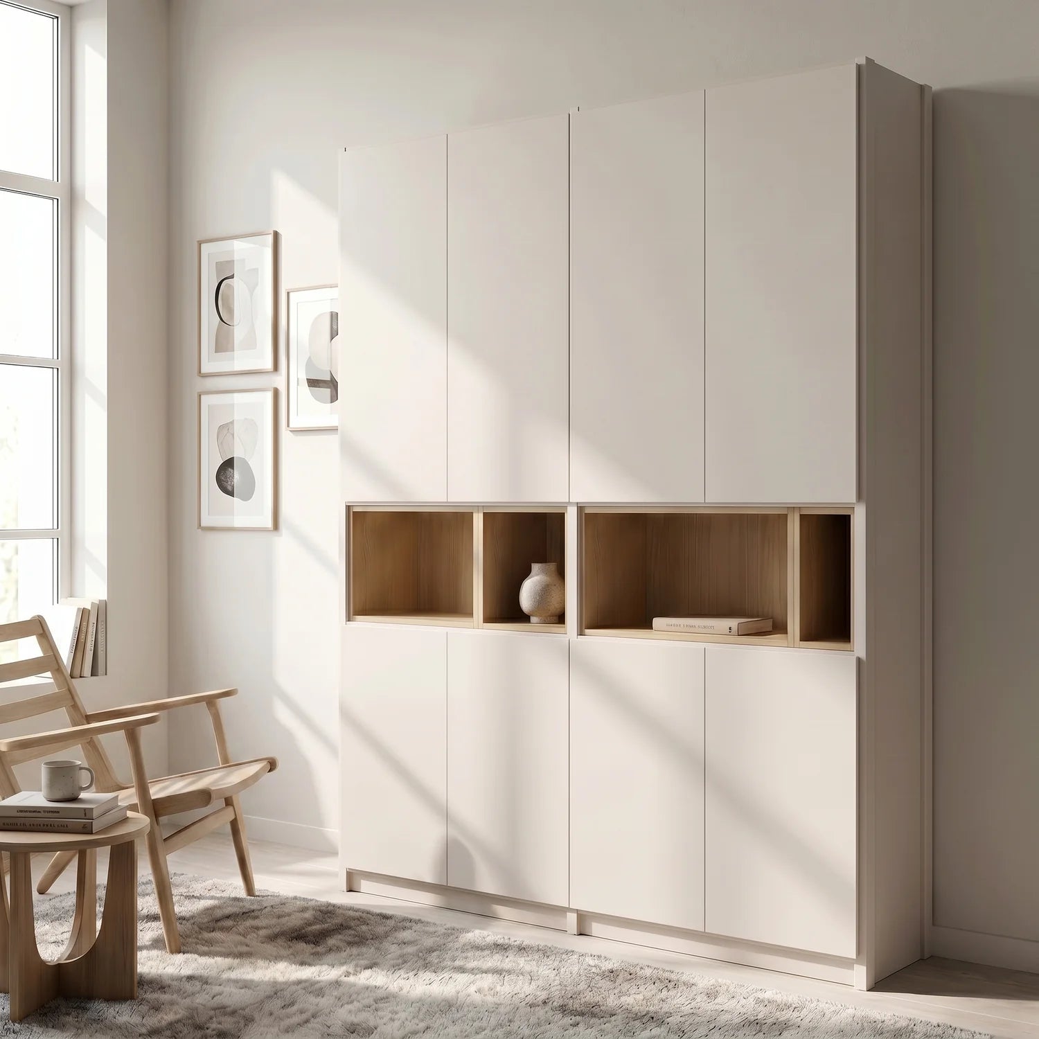 Großer Wandschrank mit Fächern | Lundia Original | Weiß & Farblos lackiertes Holz, sfeerbeeld perspectief