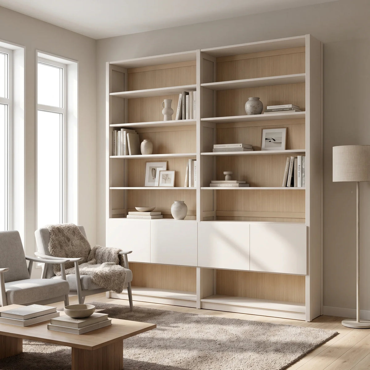 Skandinavisches Bücherregal mit Türen | Lundia Original | Weiß & Farblos lackiert, sfeerbeeld perspectief