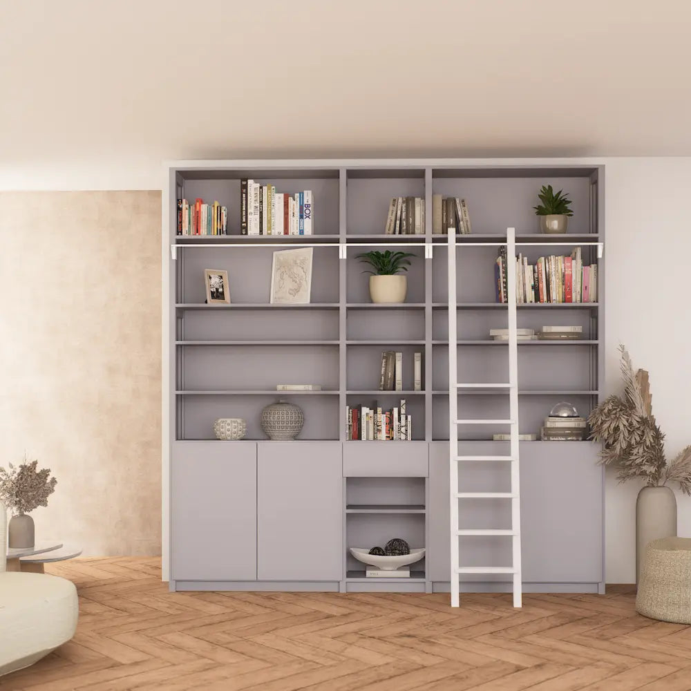 Boekenkast met trap, deuren & laden | Lundia Original | Betongrijs hout