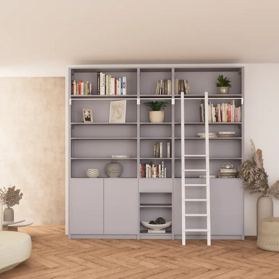 Boekenkast met trap, deuren & laden | Lundia Original | Betongrijs hout