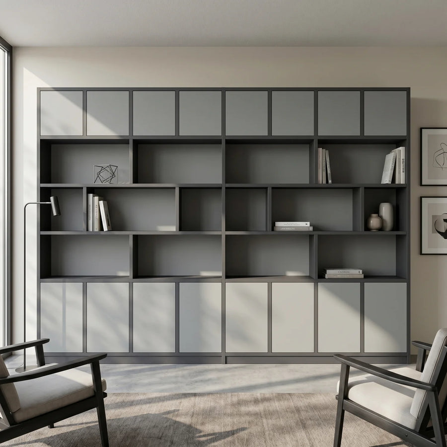 Moderner Lundia Libre Wandschrank in Graphitgrau und Betongrau, sfeerbeeld perspectief