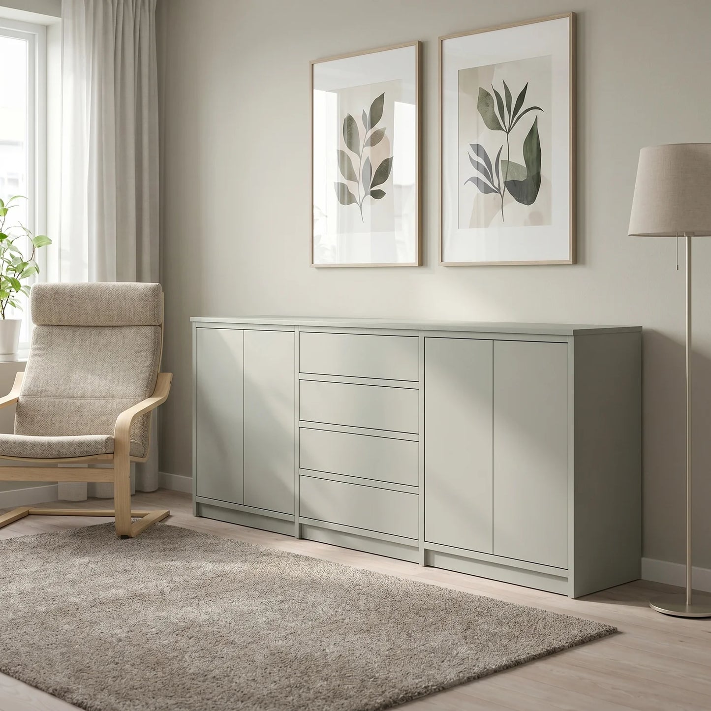 Skandinavisches Lundia Libre Sideboard in Nebelgrau, sfeerbeeld vooraanzicht