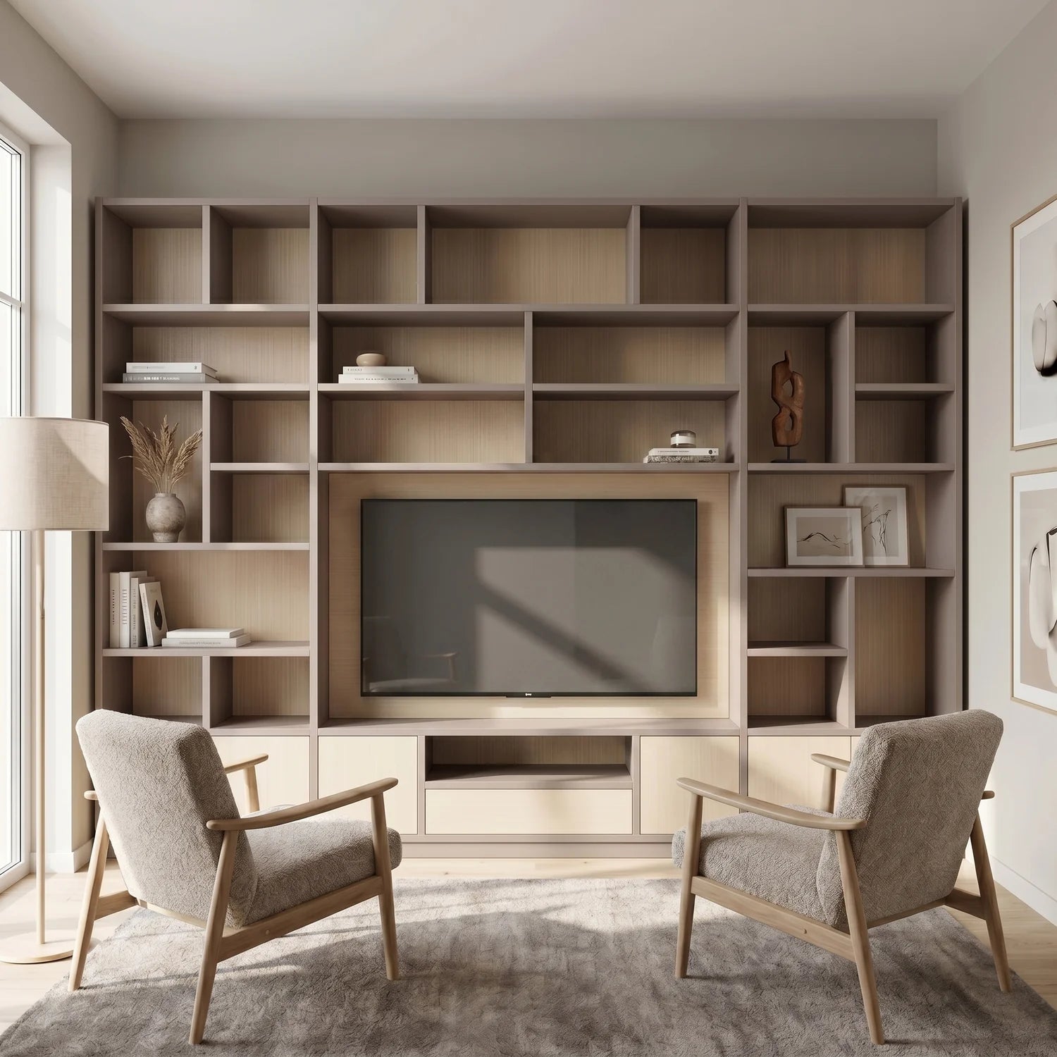 Skandinavische Lundia Libre TV-Wandschrank in Steingrau und Klar lackiert, sfeerbeeld perspectief