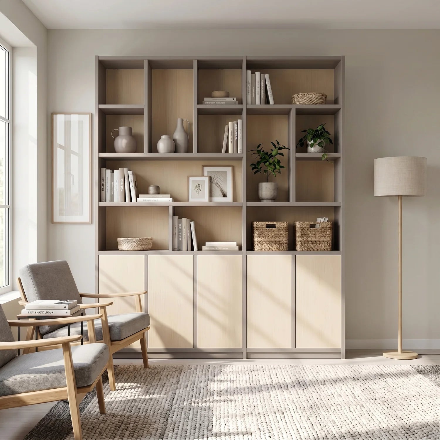 Skandinavischer Lundia Libre Wandschrank in Steingrau und Klar lackiert, sfeerbeeld perspectief