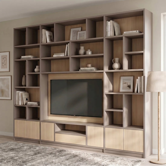 Skandinavische Lundia Libre TV-Wandschrank in Steingrau und Klar lackiert, sfeerbeeld vooraanzicht