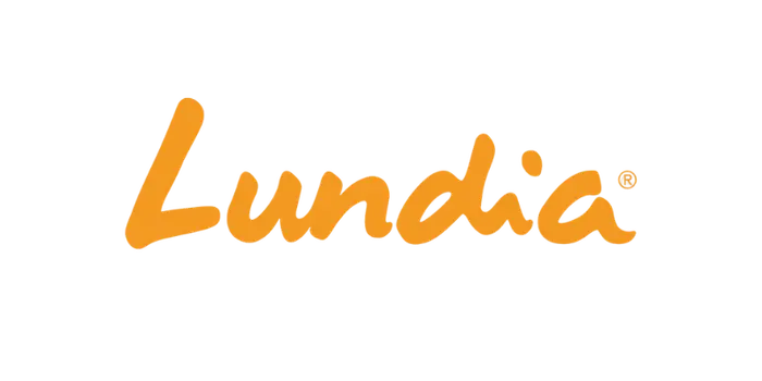 Oranje handgeschreven stijl tekst Lundia zonder achtergrond in eenvoudig en speels lettertype