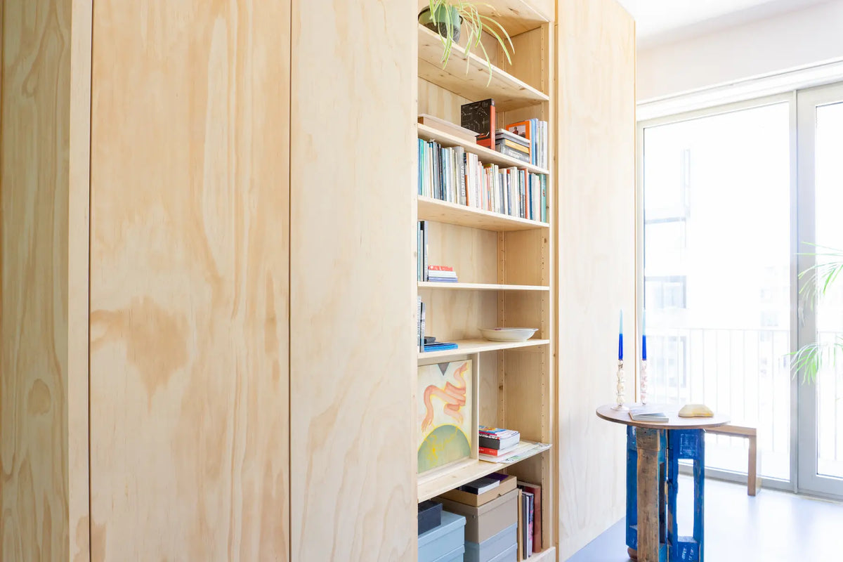 Lichte houten kast met open planken vol boeken en decoratieve objecten naast grote ramen met zacht daglicht