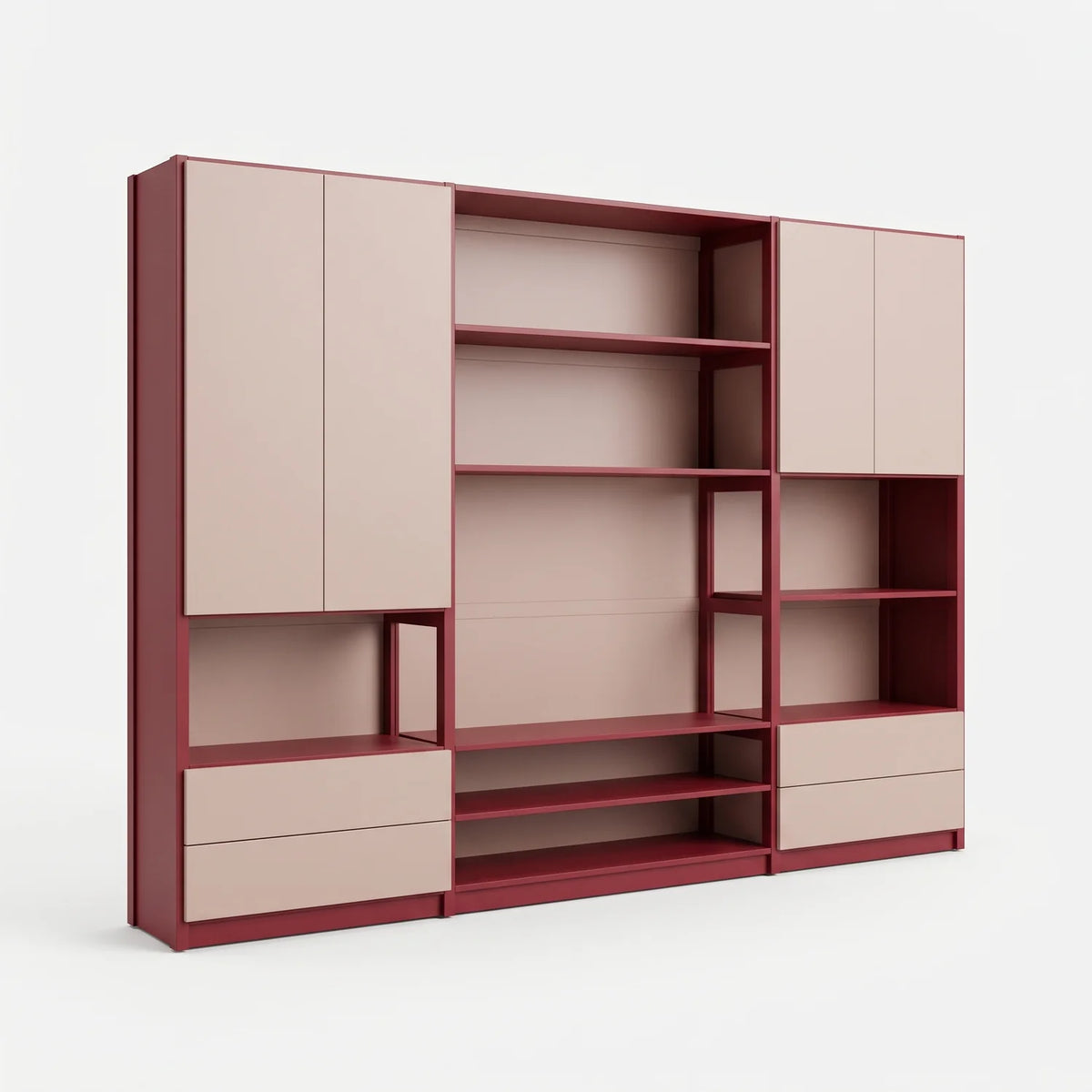 TV-Wandschrank mit Türen und Schublade | Lundia Original | Bordeauxrot & Kalk rosa, perspectief