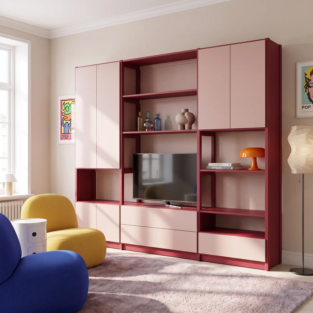 TV-Wandschrank mit Türen und Schublade | Lundia Original | Bordeauxrot & Kalk rosa, sfeerbeeld perspectief