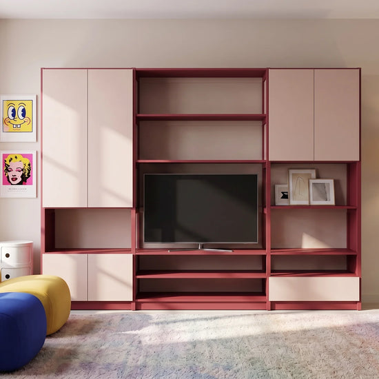 TV-Wandschrank mit Türen und Schublade | Lundia Original | Bordeauxrot & Kalk rosa, sfeerbeeld vooraanzicht