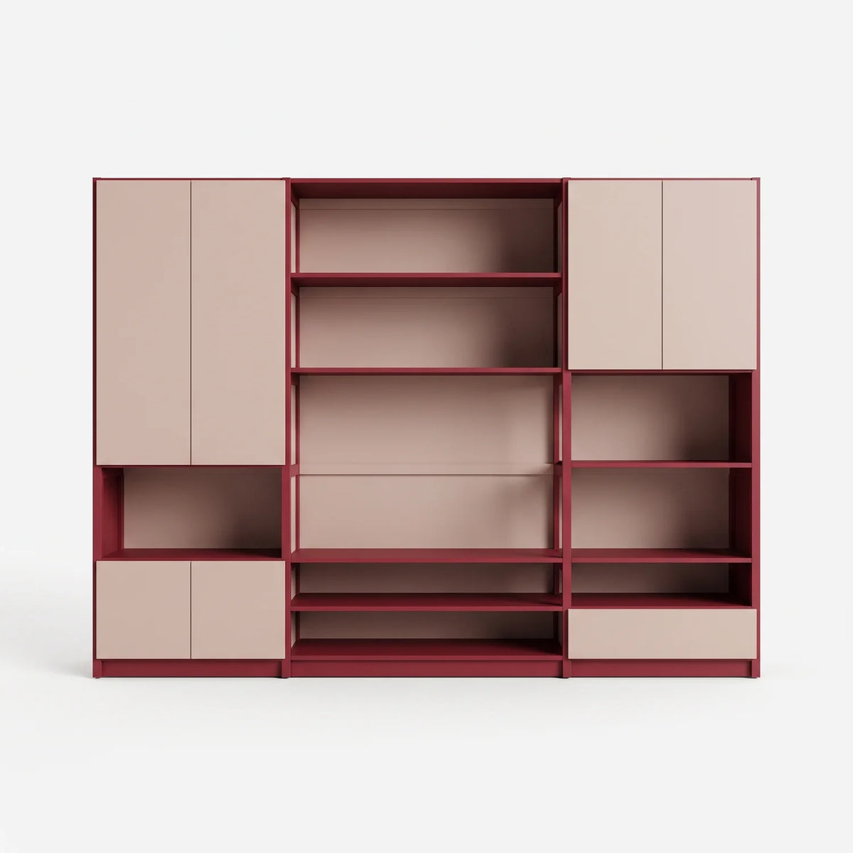 TV-Wandschrank mit Türen und Schublade | Lundia Original | Bordeauxrot & Kalk rosa, vooraanzicht