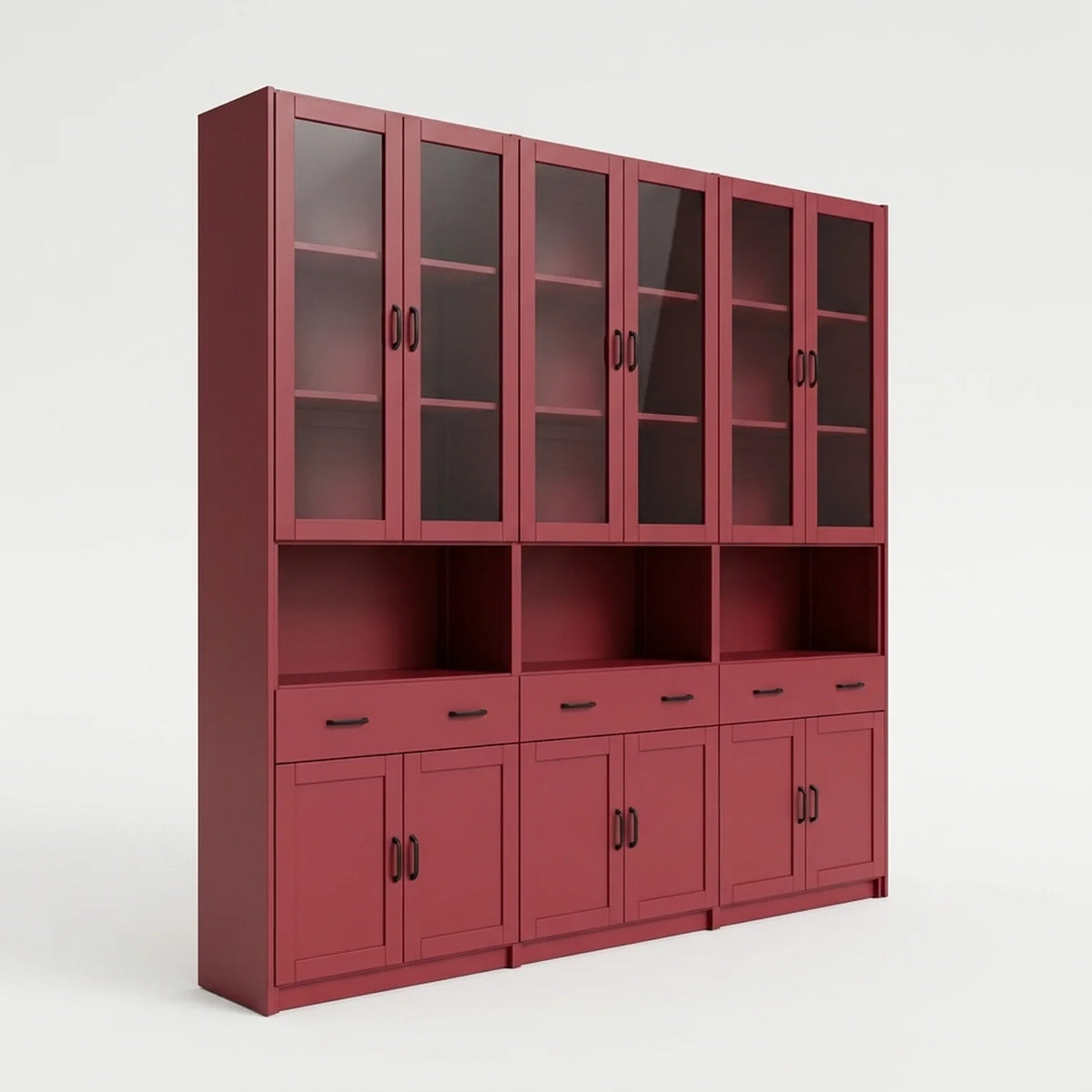 Vitrinenschrank mit Glastüren, Schubladen und Türen | Lundia Original | Bordeauxrot, perspectief