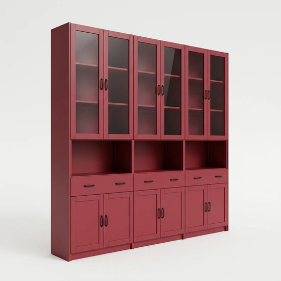 Vitrinenschrank mit Glastüren, Schubladen und Türen | Lundia Original | Bordeauxrot, perspectief