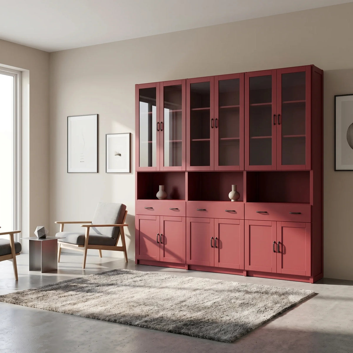 Vitrinenschrank mit Glastüren, Schubladen und Türen | Lundia Original | Bordeauxrot, sfeerbeeld perspectief