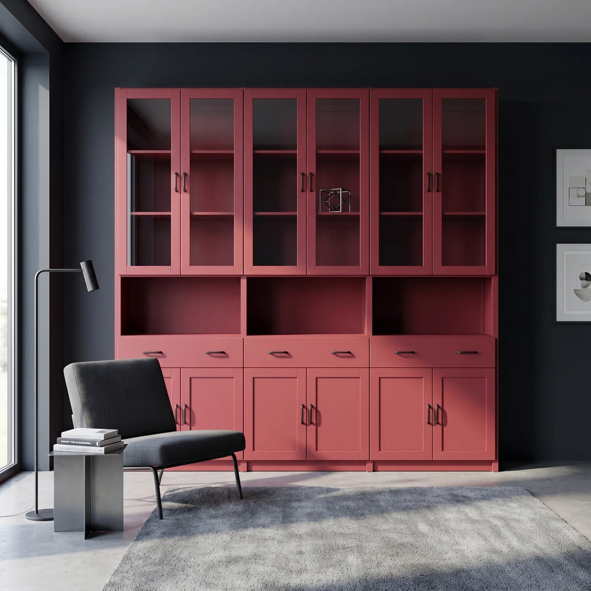 Vitrinenschrank mit Glastüren, Schubladen und Türen | Lundia Original | Bordeauxrot, sfeerbeeld vooraanzicht