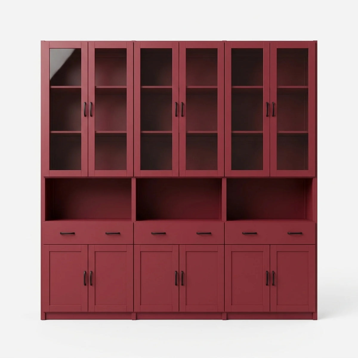 Vitrinenschrank mit Glastüren, Schubladen und Türen | Lundia Original | Bordeauxrot, vooraanzicht