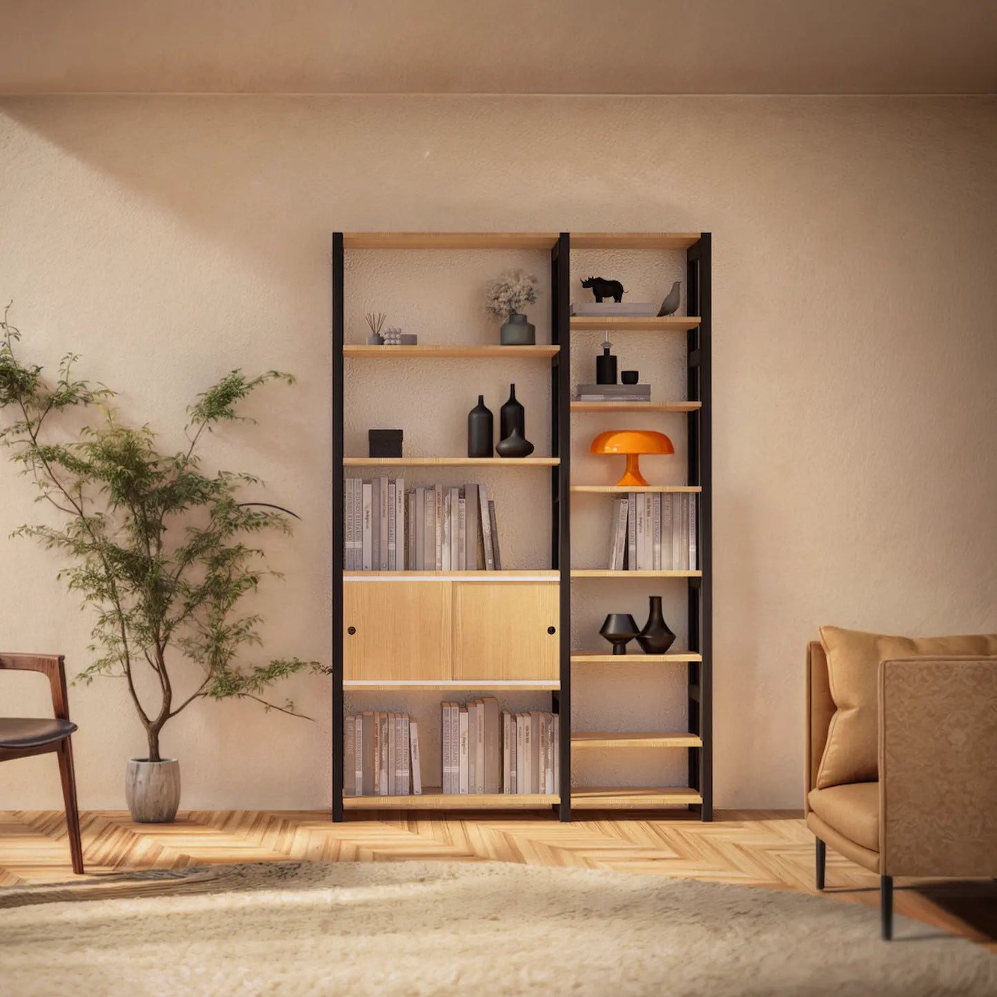 Moderne boekenkast met schuifdeurtjes | Lundia Original | Blank gelakt en zwart hout