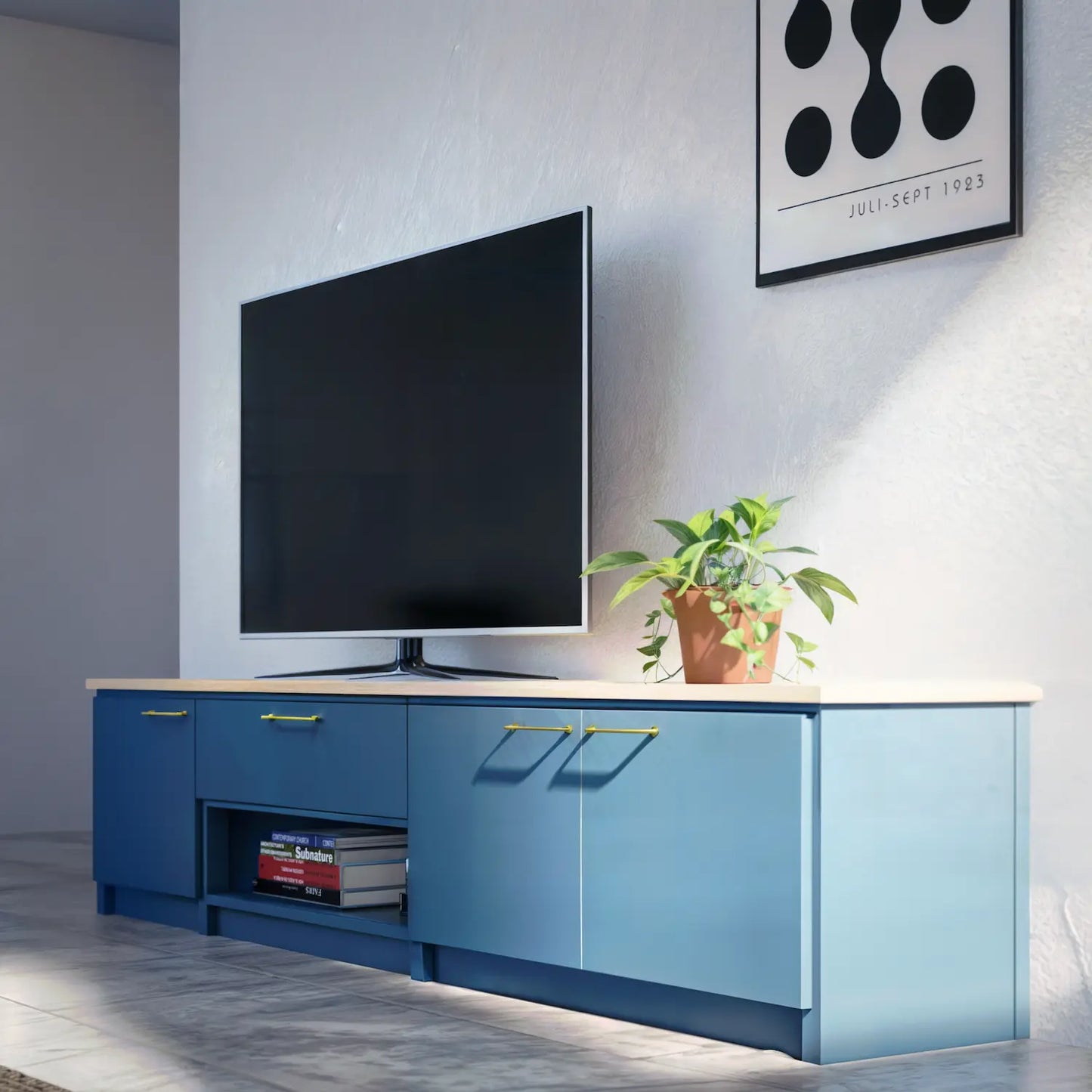 TV kast met laden en deuren | Lundia Original | Haagsblauw en blank gelakt hout