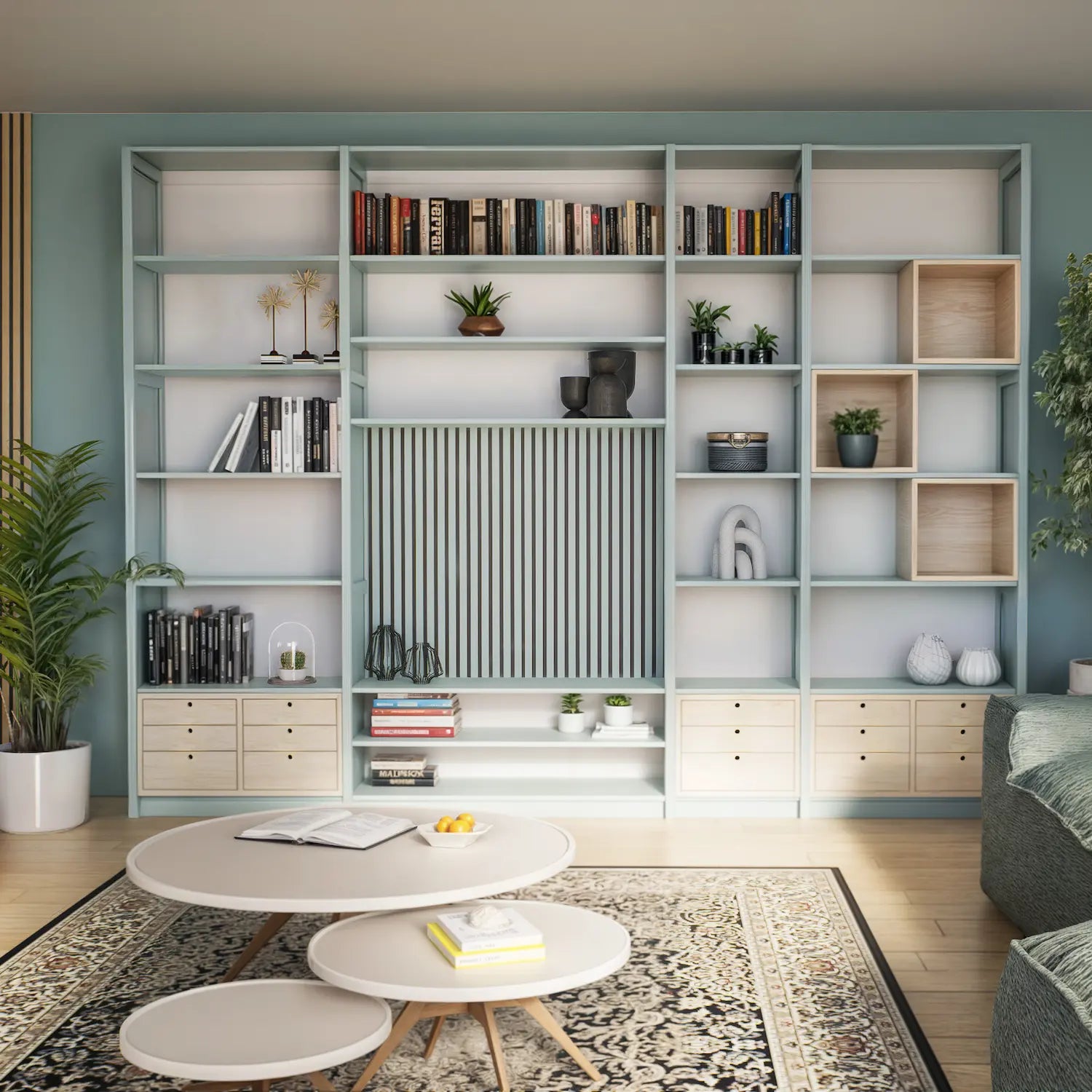 TV-Wandschrank mit Einbaufächern und Lamellenwänden | Groß | Nebelgraues Holz